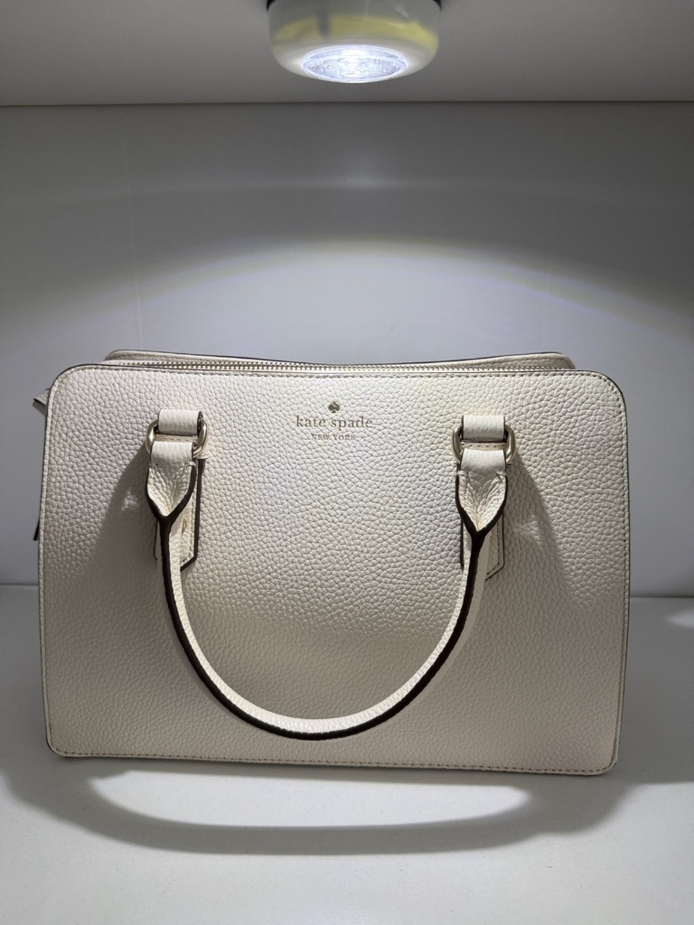 kate spade Pebbled White Leather Satchel with Black Trim